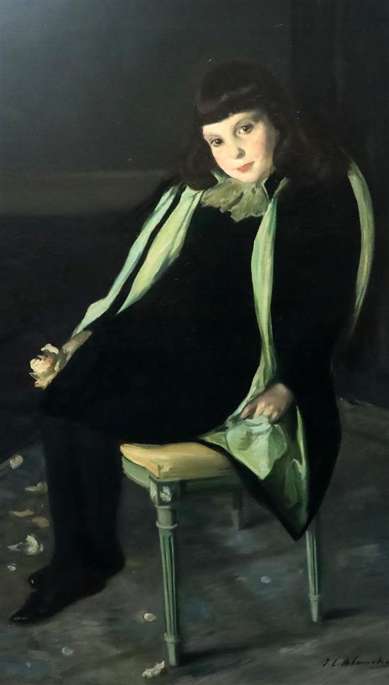 Jacques Emile Blanche (1861-1942) Portrait of a girl, seated in a green chair 50.5 x 30.25in.